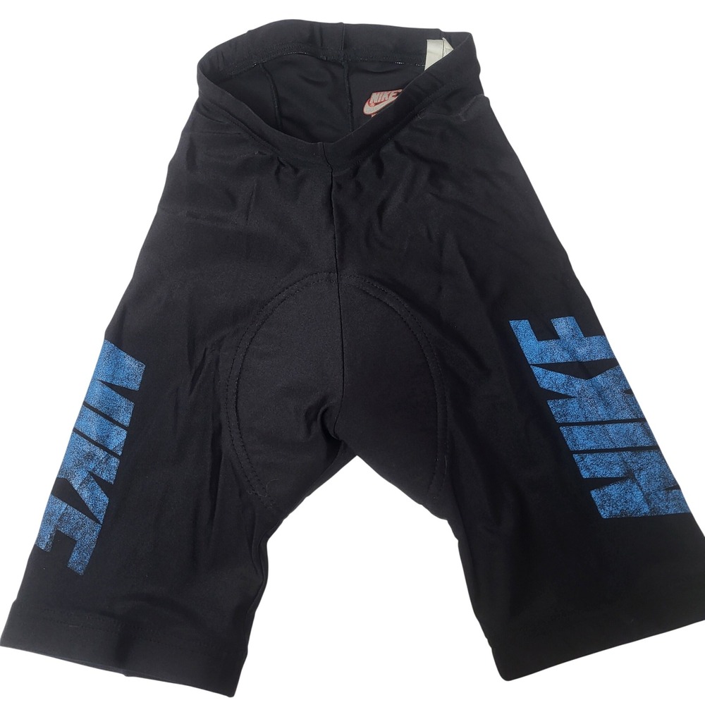 Vintage Nike Small Black Cycling  Shorts Padded Chamois Big Blue Spell Out Logo